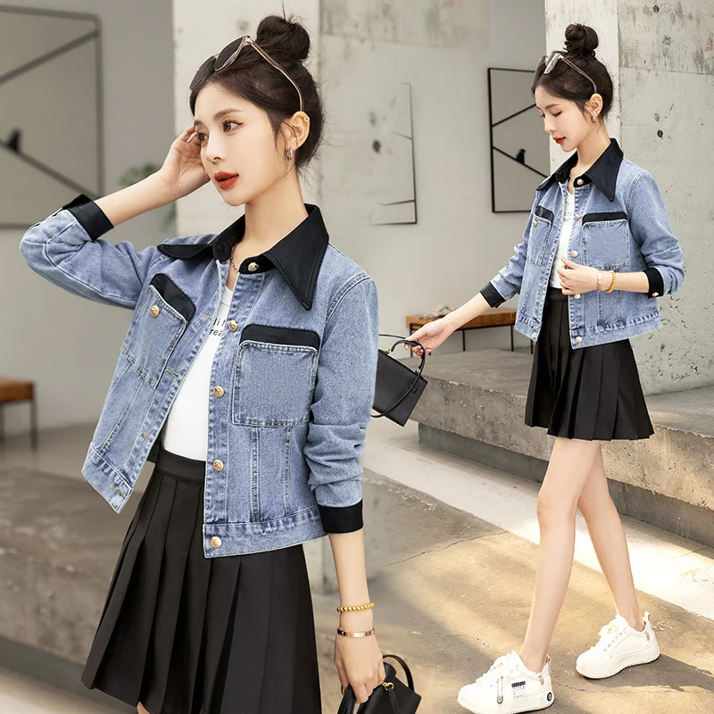 

Женская короткая джинсовая куртка, облегающая однобортная куртка с отложным воротником и длинным рукавом, с контрастными карманами, весна-...