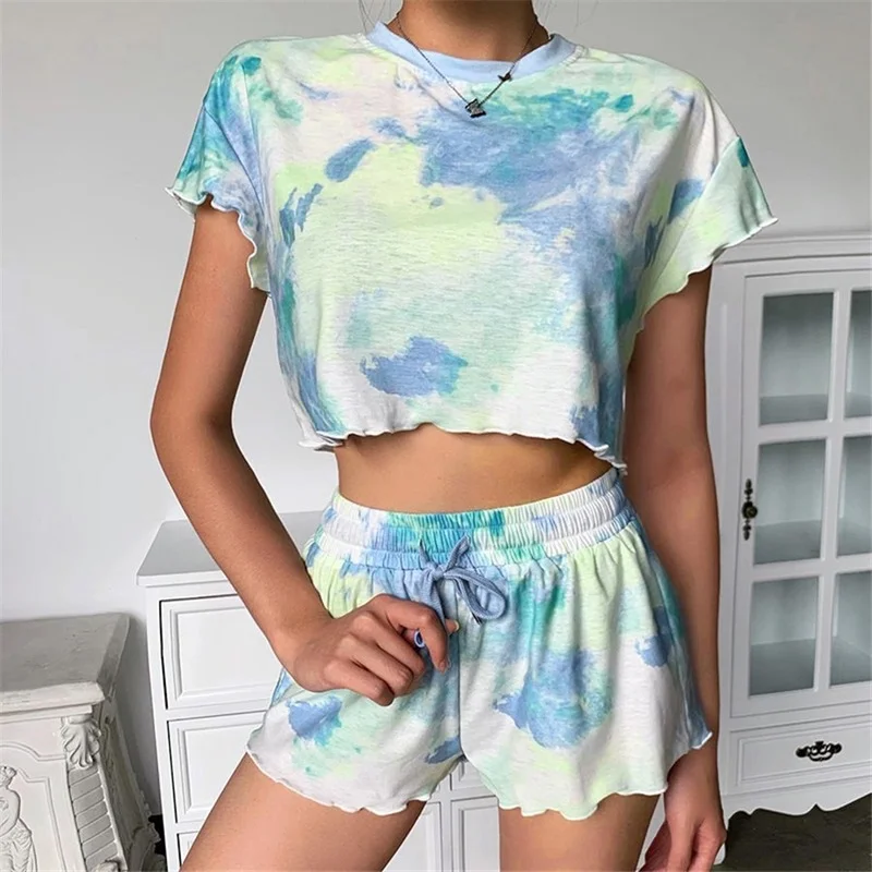 

Tie-dye Casual Women's Sexy Top and Fashion Shorts Two-piece Suit Women's 2023 New Ladies Fashion Home Service Two-piece Suit