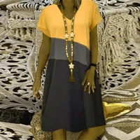 short sleeve knee length dress v neck women color block dress loose vintage party knee length dress