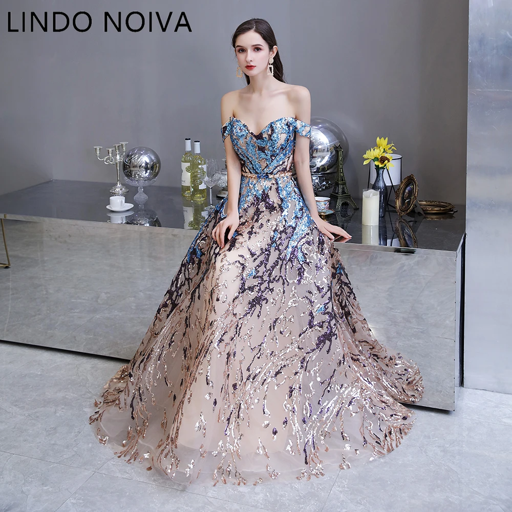 

Sexy Sweetheart Evening Dresses Off the shoulder A-Line Colorful Sequin Formal Dress Long Prom Gowns