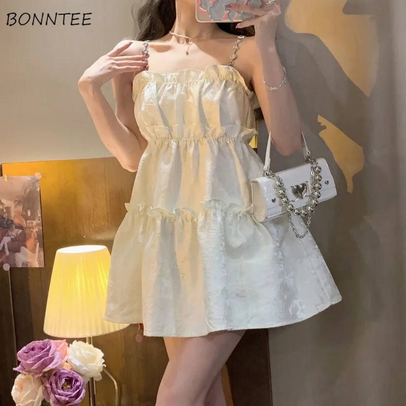 

Dresses Women Spaghetti Strap Sweet Mini Princess Korean Style Girlish Solid Fashion Temperament Summer Chic Ball Gown Vacation