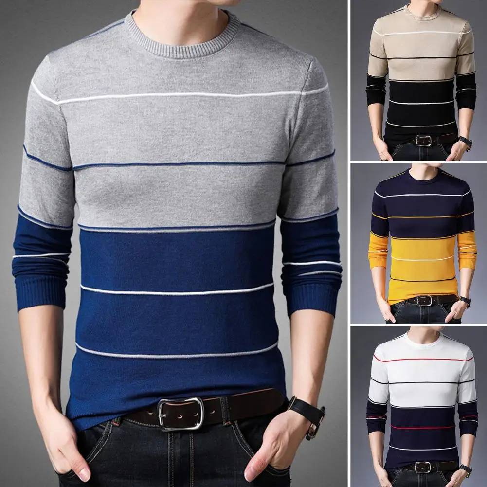 

Men Base Sweater Stripe O Neck Autumn Sweater Elastic Long Sleeves Casual Sweater Slim Fit Thermal Knitwear Men's Clothing