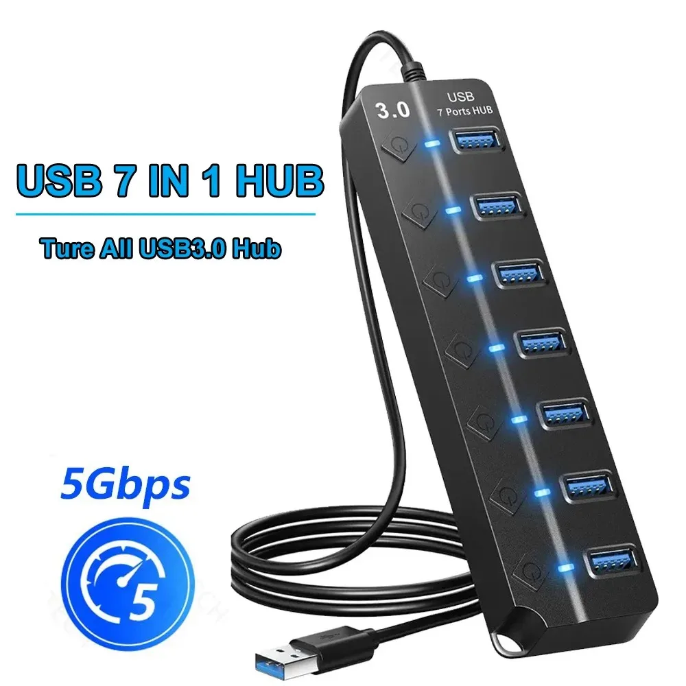 USB-разветвитель 7 портов 5 Гбит/с USB Hub 3.0 Multiprise High Speed Splitter Port 5Gbps Power Adapter 2.0 Expander Switch