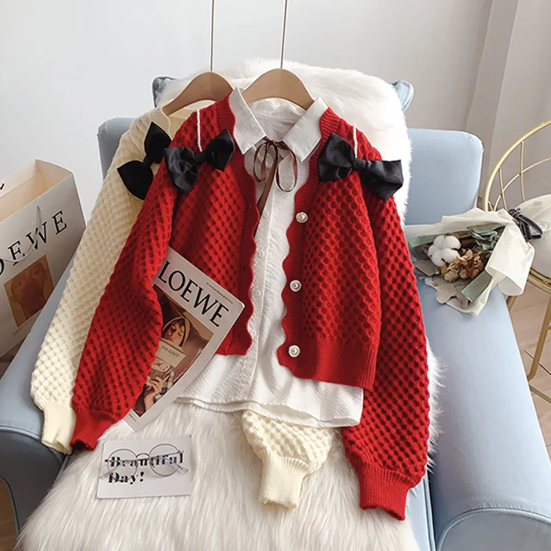 

SONG YI Bow Red Sweater Cardigan Women's Short Small Jacket Autumn and Winter 2022 New Sweet Loose Korean Style Top A0292