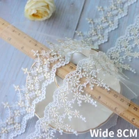 8cm wide exquisite white gold embroidery flowers lace applique tulle mesh fabric ribbon wedding dress head veil sewing decor