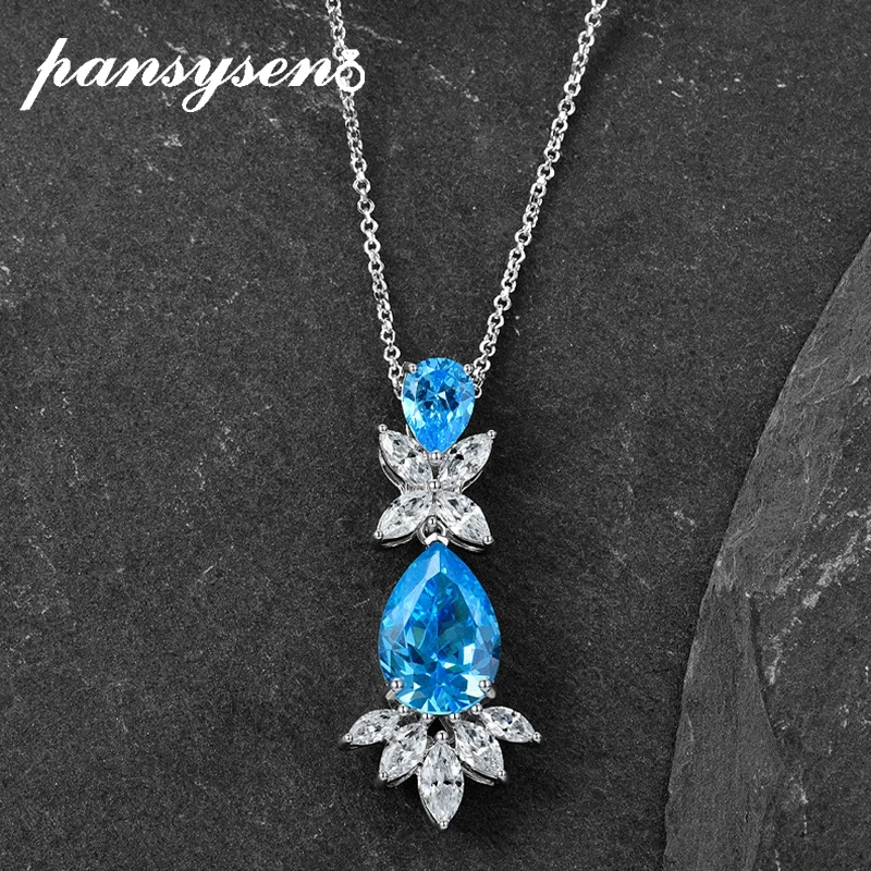 

PANSYSEN Trendy 925 Sterling Silver 9CT 10*14MM Water Drop Aquamarine Simulated Moissanite Gemstone Pendant Necklaces Women Gift