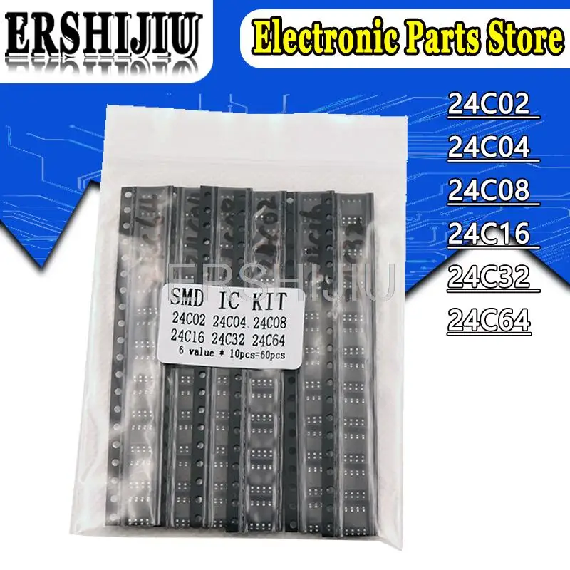 

60PCS = 6 Kinds * 10 PCS 24C02 24C04 24C08 24C16 24C32 24C64 Sop Kit Each 10PCS