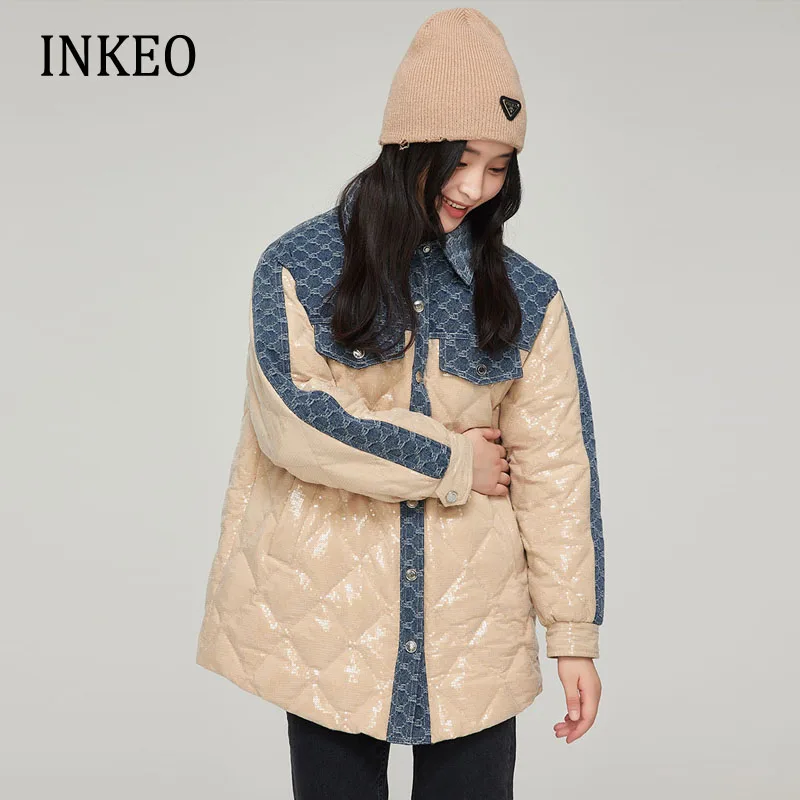 Women's winter sequined down jacket Shimmery 2022 New collection Korean Deanim Patchwork puffer coat Female clothing INKEO 2O293