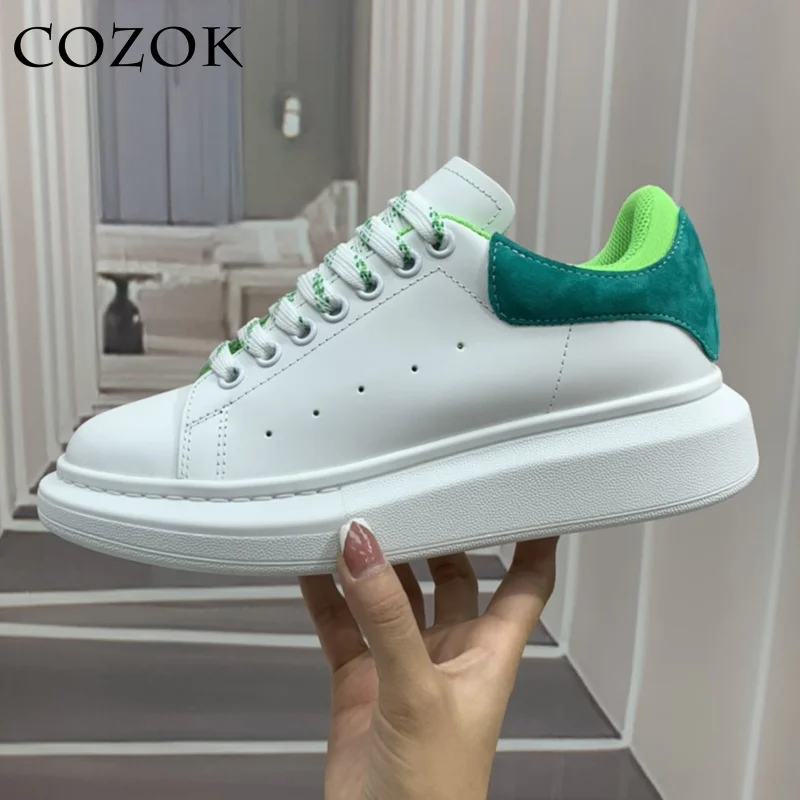 

High Qualit New Lace Up Thick Se Sneakers Women's Mixed Cors Leather Flat Casual All-match Breathle Skate Shoes Unisex