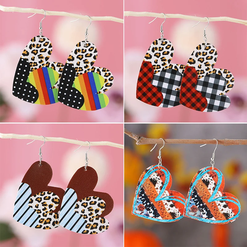 

Rainbow Leopard Print Valentine's Day Earrings With Overlapping Red Grid Rainbow Stripe Double-sided PU Leather Earrings