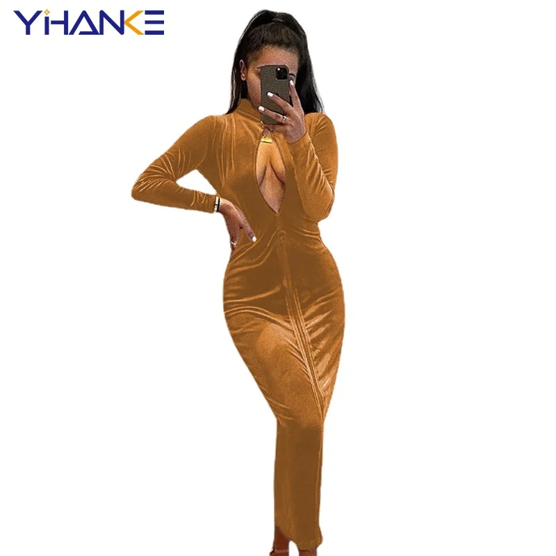 

New Spring Autumn Women Fashion High-Neck with Button Velvet Maxi Dress Sexy Ladies Hollow Out Party Club Bodycon Dress