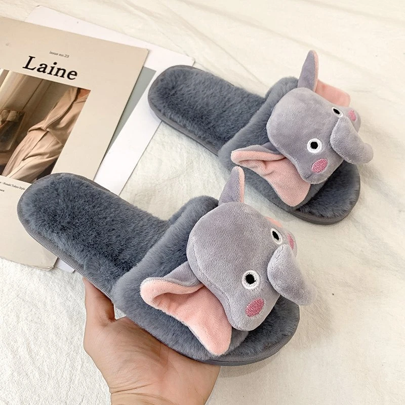 

2022 New Indoor Winter Women's Plush Slippers Cute Cartoon Animals Elephant Funny Girl Slippers Bedroom Flat Women's Plush Shoes