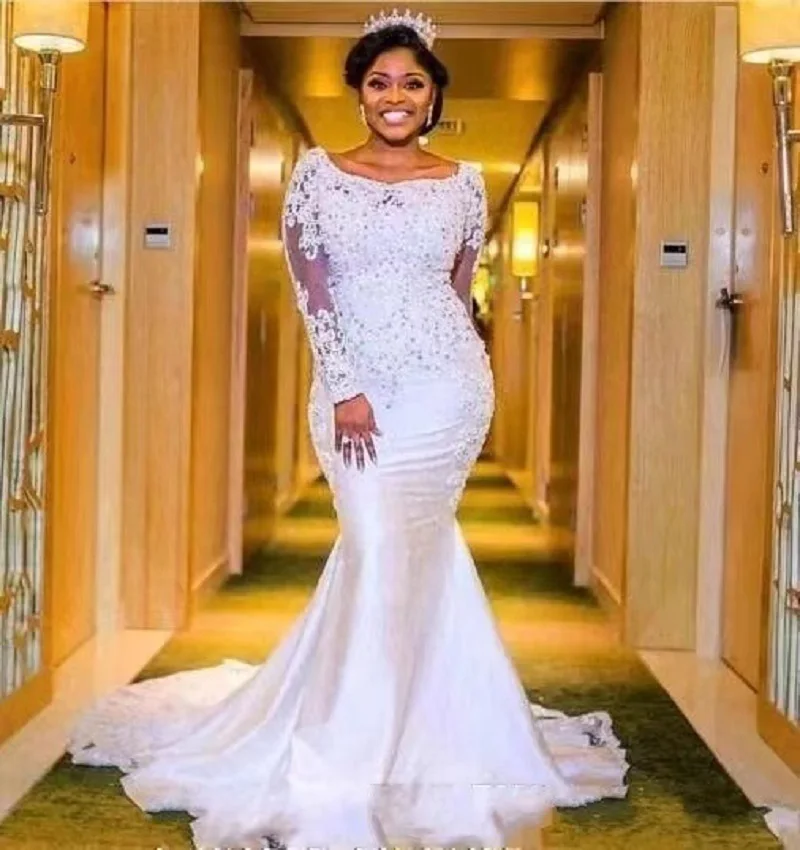 

Long sleeve 2022 new bride lace slim elegant and luxurious trailing wedding dress
