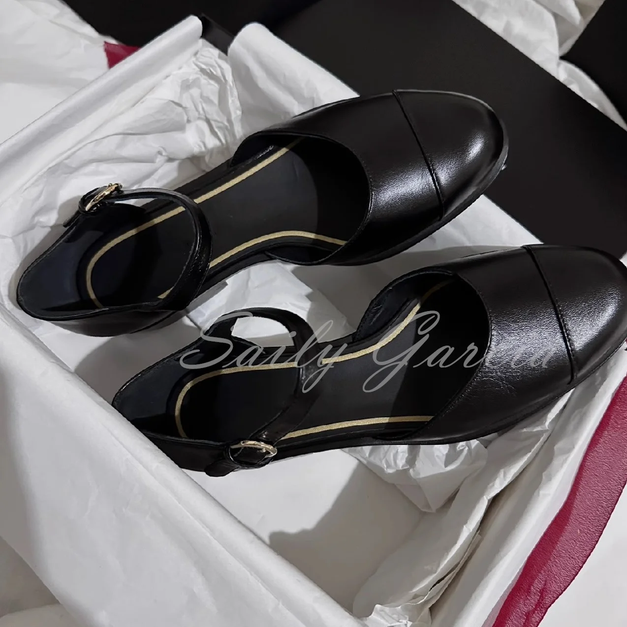 Retro Color Blocking Single Shoes 2023 Spring New Leather Shallow Round Toe Mid Heel Flat Bottom Mary Jane Shoes Ladies Sandals