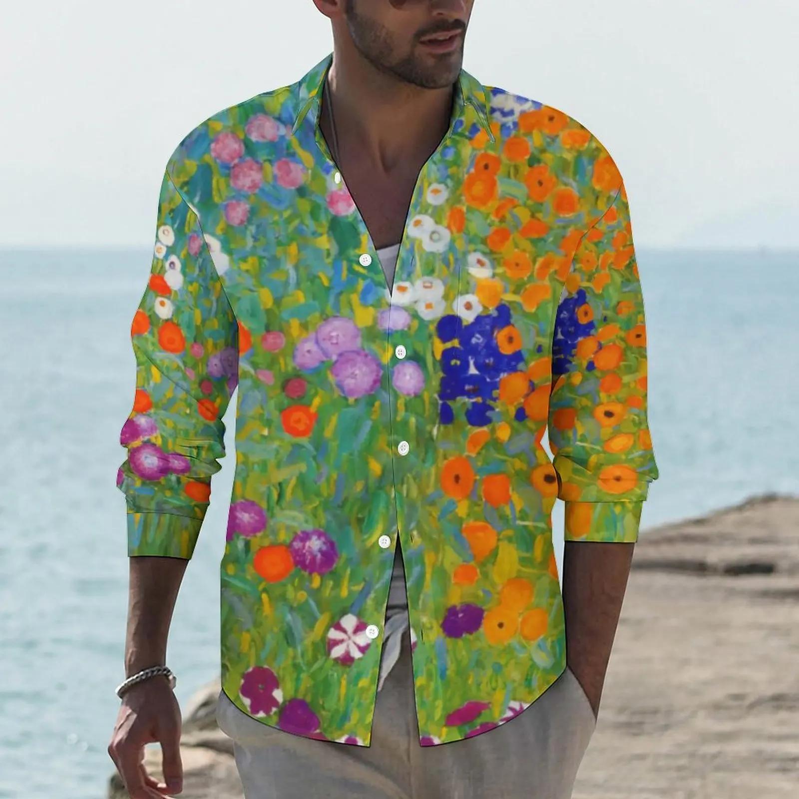 

Повседневная рубашка в уличном стиле для мужчин, винтажная блузка с цветочным принтом, с длинным рукавом, с растительным принтом, большие ра...