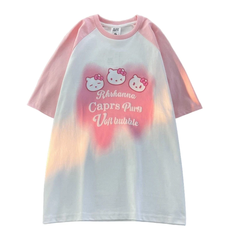 

Sanrio Kawaii Hello Kitty с коротким рукавом студенческий мультфильм аниме Чистый хлопок реглан футболка женская летняя Печать Свободный Топ подарок