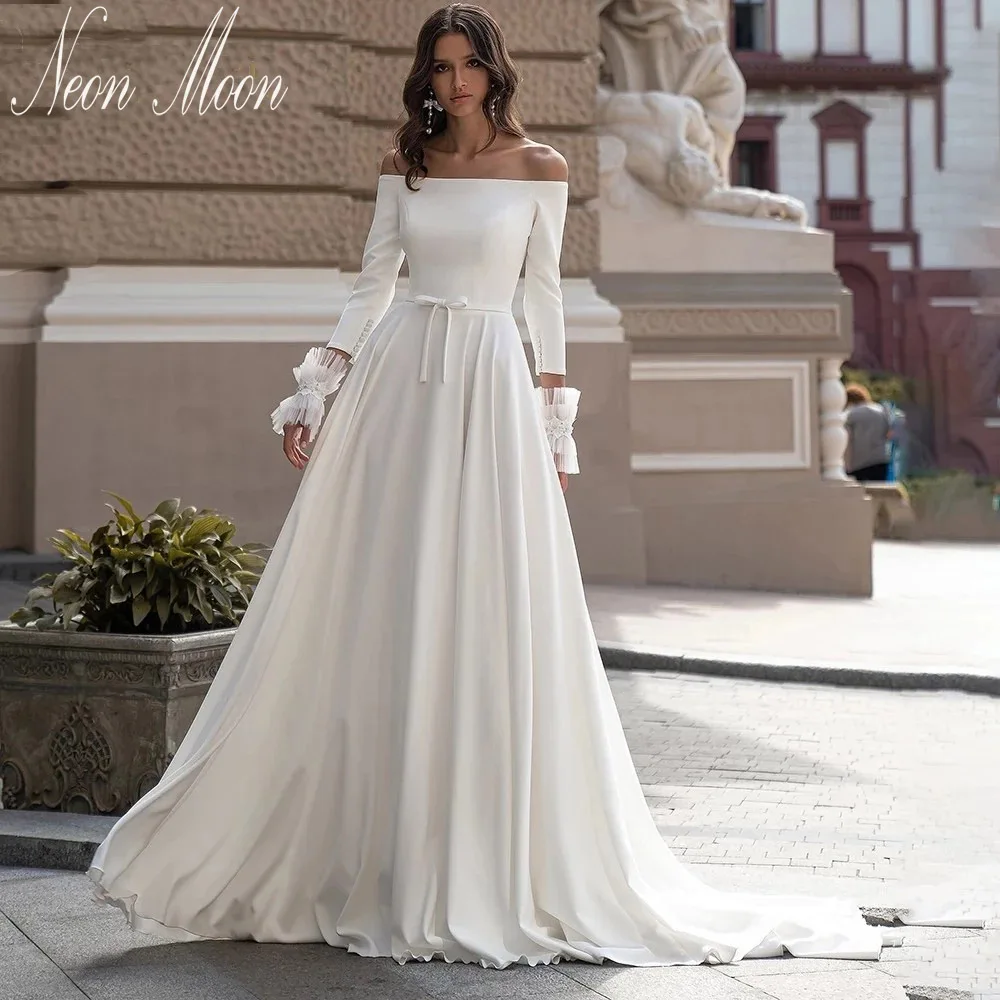 

Simple Boat Neck A Line Wedding Dresses Three Quarter Sleeves Pleats Bridal Gowns Back With Buttons Graceful Vestidos De Novia