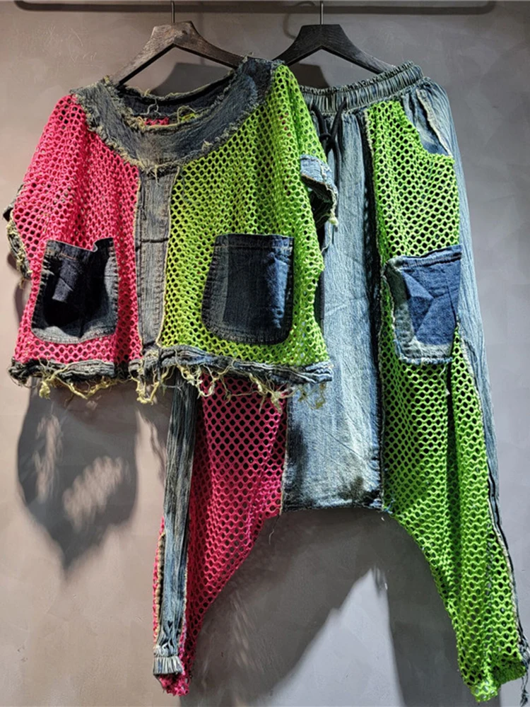 Женская джинсовая футболка с карманами DEAT Лоскутная контрастных цветов