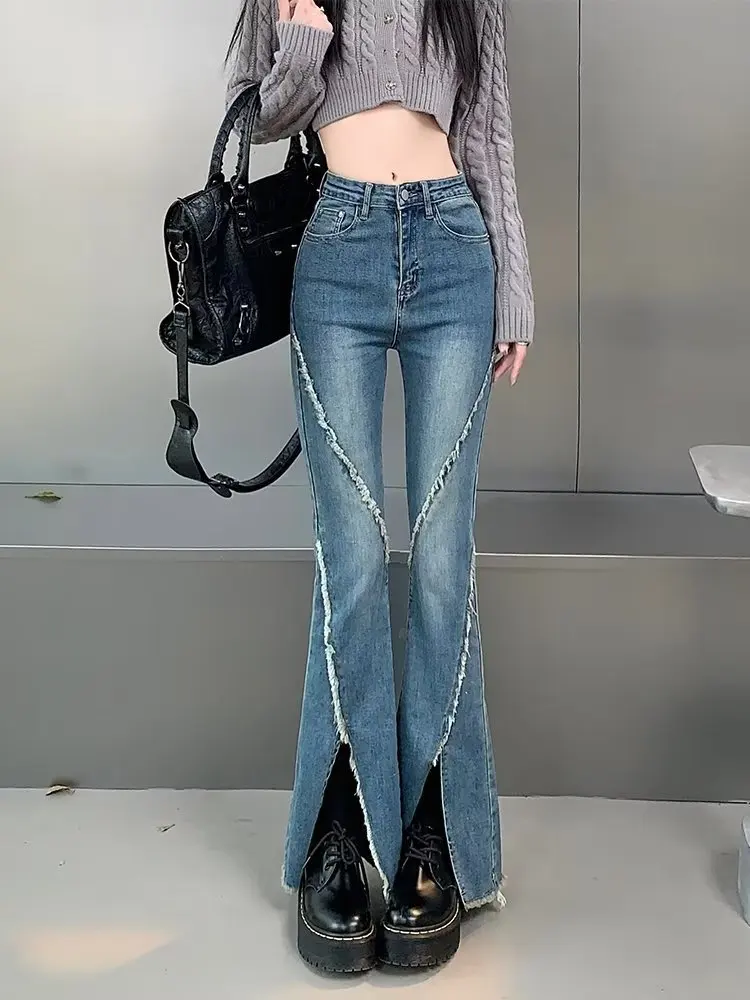 

Y2k Slit Raw Edge Strappy Flared High Waist Jeans Retro High Street Fashion Wide Leg Pants Hot Girl Casual Simple Trousers