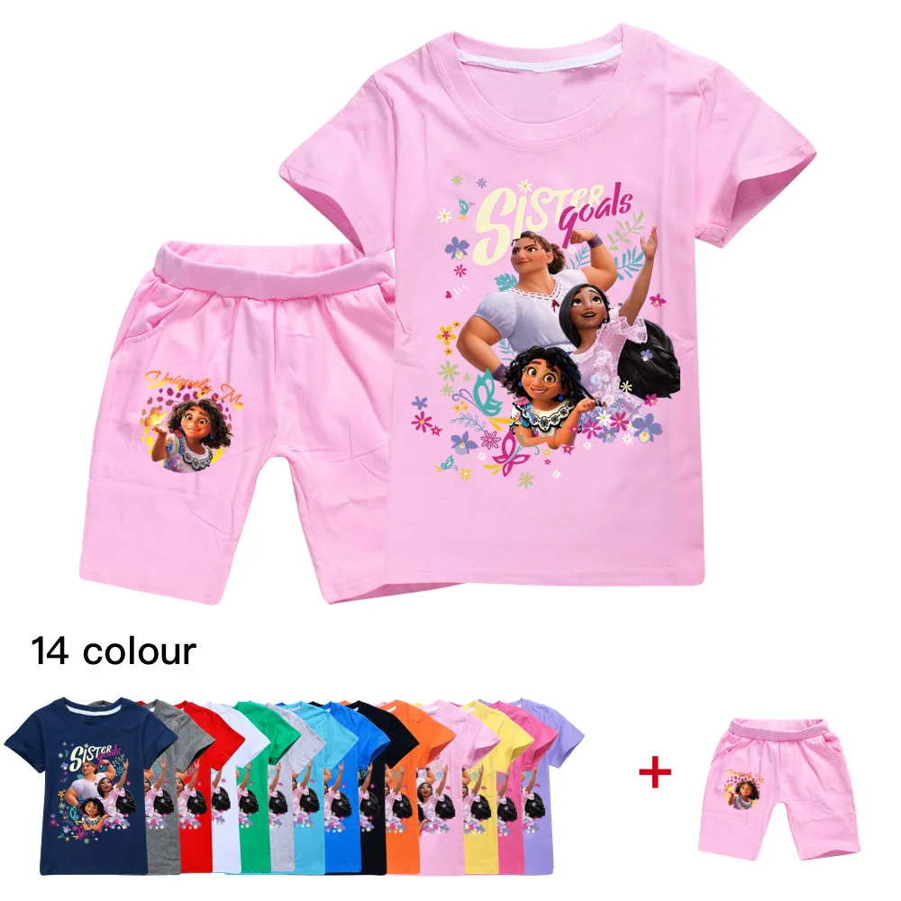 

Newest Disney Girls Encanto Cartoon Print Girls Casual Boys Short Sleeve T-Shirt Shorts 2 Piece Costume