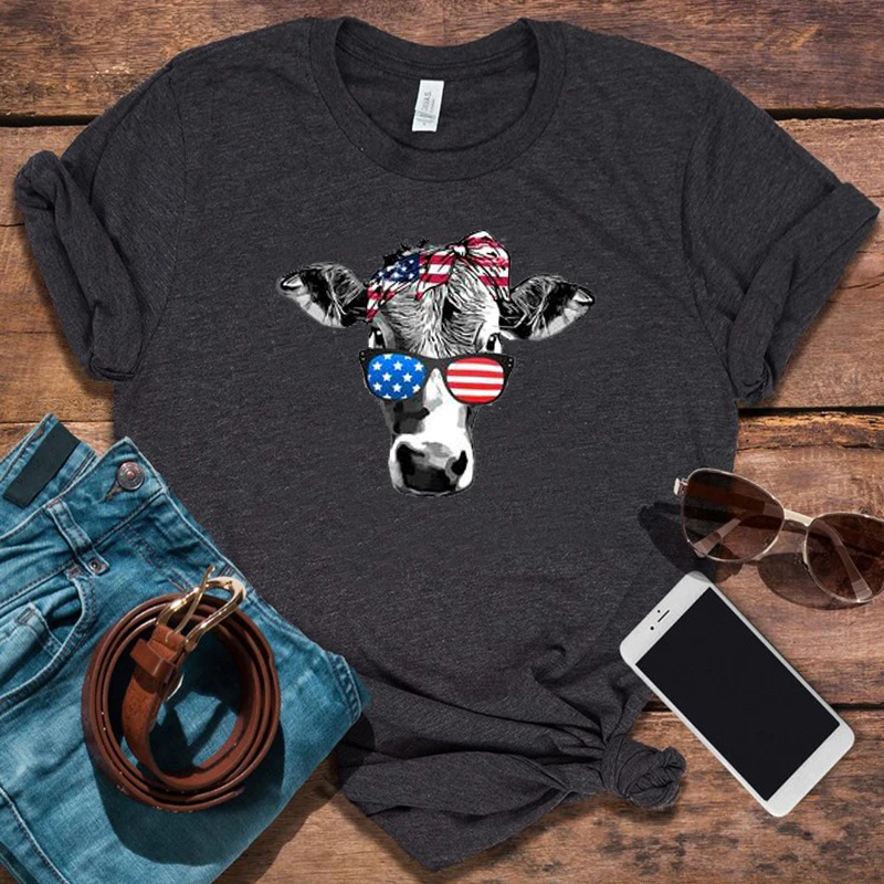 

Cow 4th of July Shirt Plus Size Women Patriotic Cow Tshirt 2022 New Fashion Women 4th of July Tee USA Aesthetic Tops Print XL