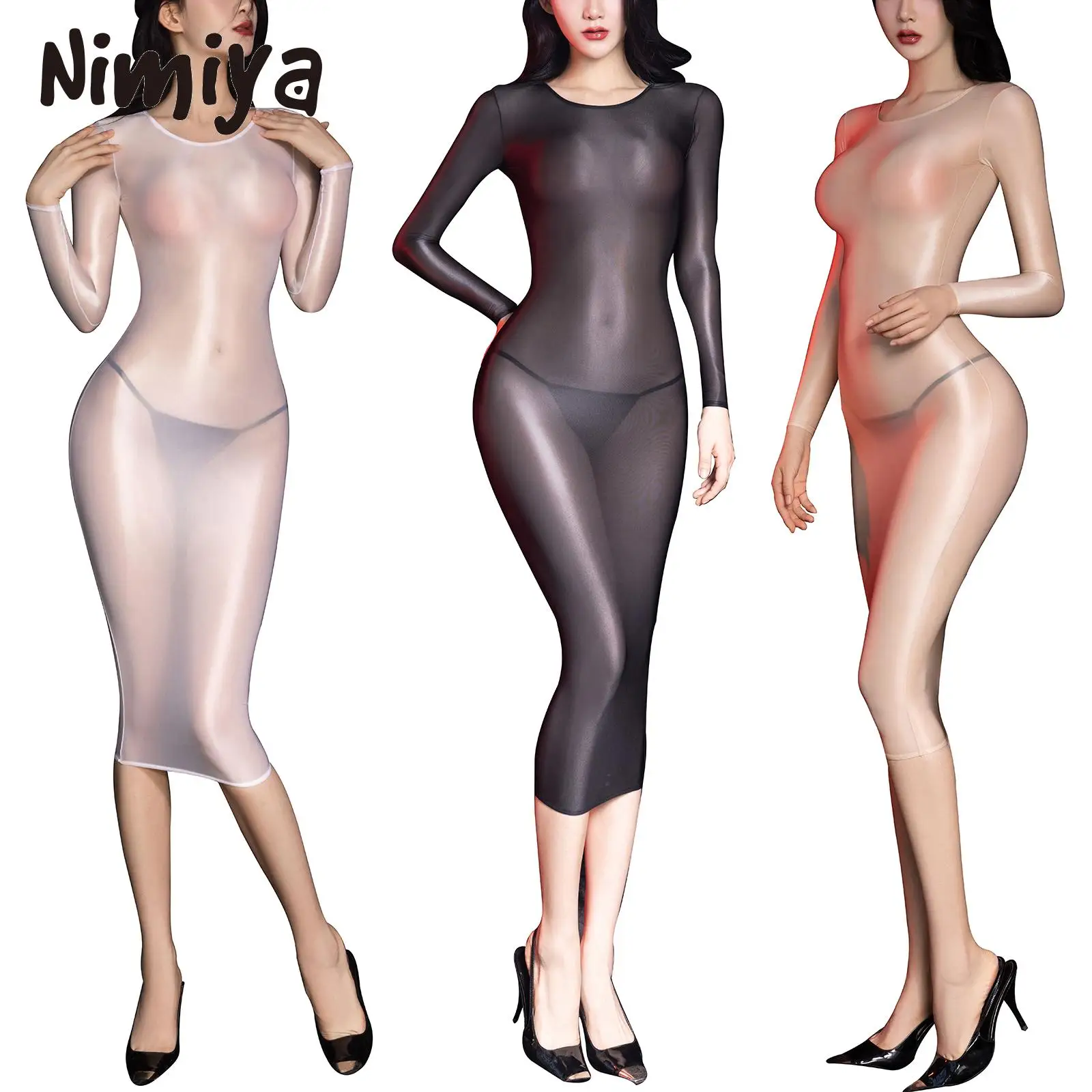 

Nimiya Womens Glossy Pure Long Sleeve Round Neck Nylon Bodycon Dress See-through Long Nightwear Midi Dress Lingerie Clubwears