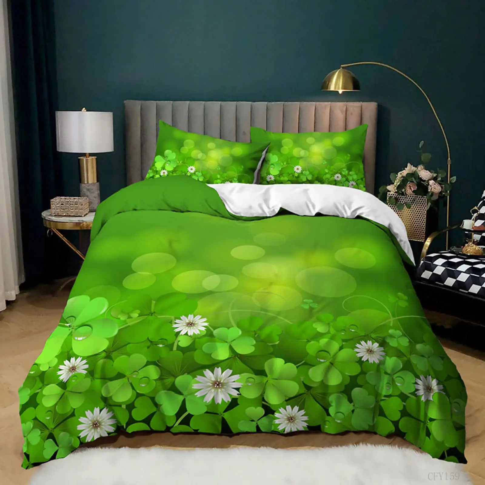 

Lucky Green Leaves Theme Quilt Cover King/Queen Size Four-leaf Clover Duvet Cover Set for Kids Teens Girl Polyester Bedding Set