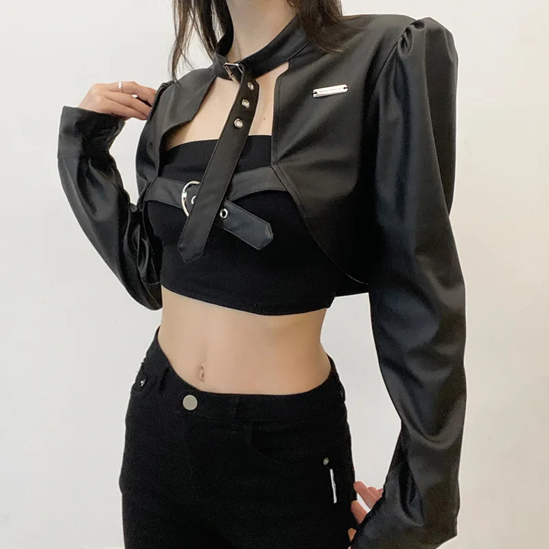 Long Sleeve  Top Short Leather Coat E Fall  Winter Short Jacket Women Pu Faux Leather Biker Zipper Moto Jackets Punk Gothic