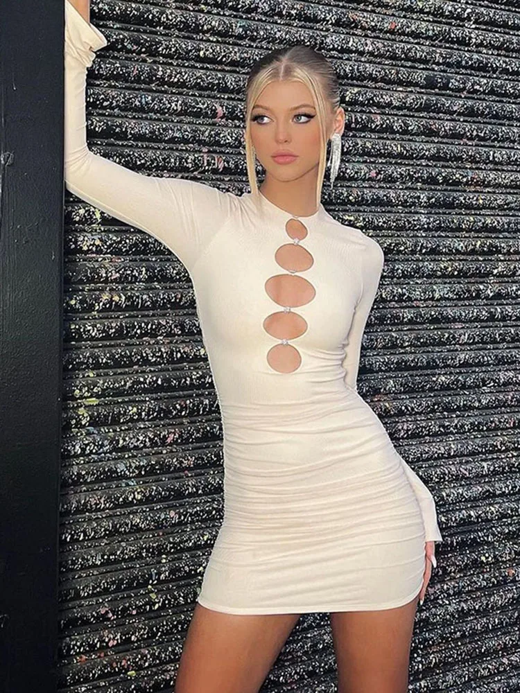 

New Sexy Summer Female Long Sleeve O Neck Women's Dress 2022 Elegant Buttons Cut Out Bodycon Fashion Club Party Dresses