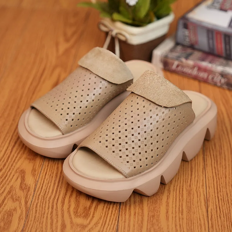 

Коричневые женские сандалии из воловьей кожи на платформе в стиле ретро, летние женские тапочки на толстой подошве