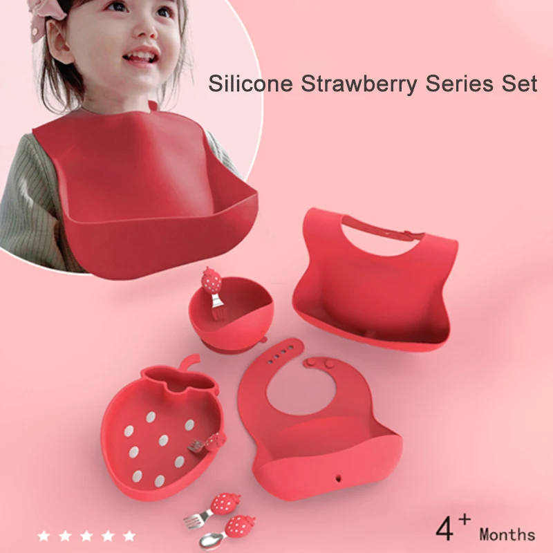 Qshare Baby Cute Dishware Set Infant Strawberry Style Dish Bowl Bib Spoon Fork Set Kids Food Feeding Tableware Baby Supplies enlarge