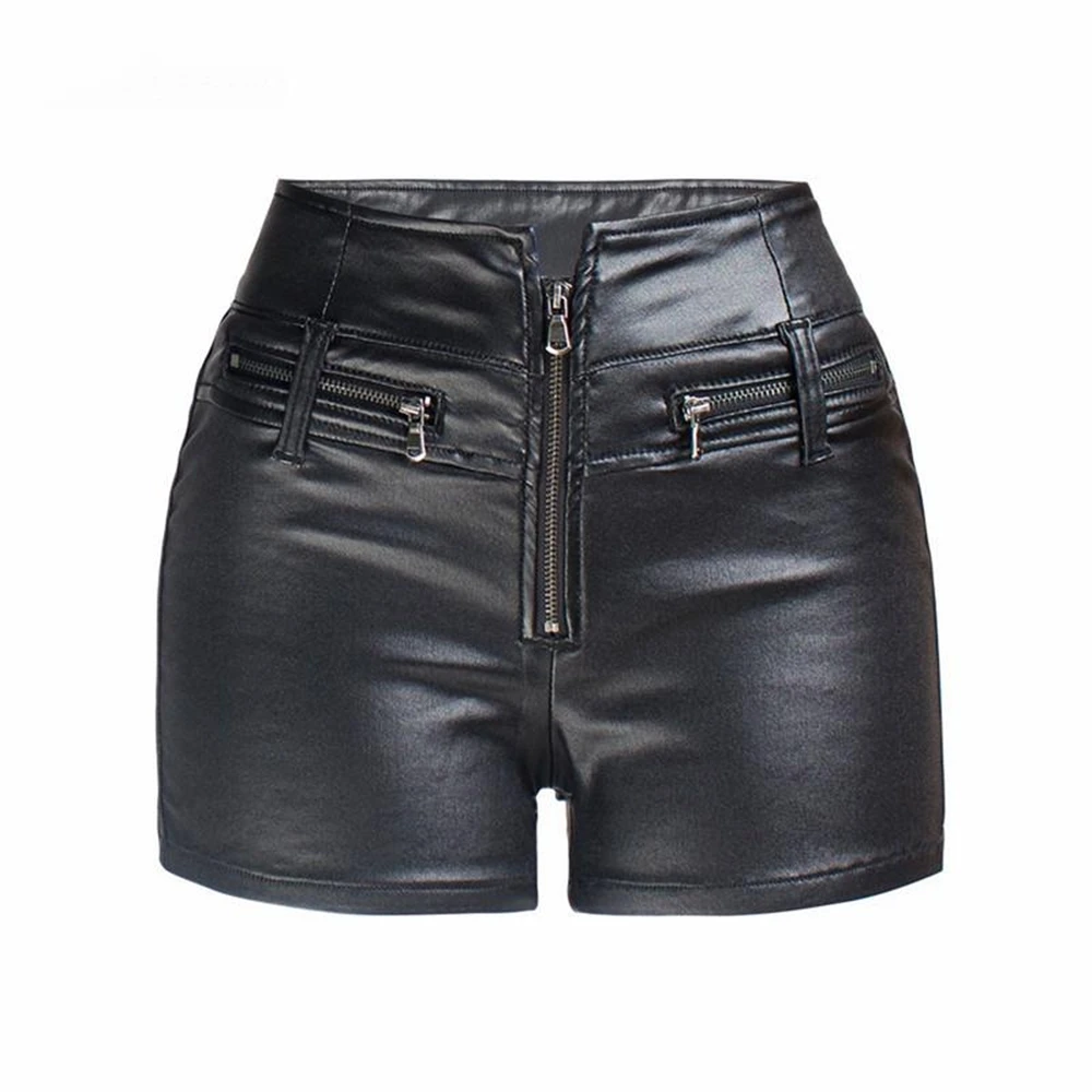 

High Waist Pu Leather Shorts Women Zipper Moto & Biker Shorts Skinny Black Summer Autumn