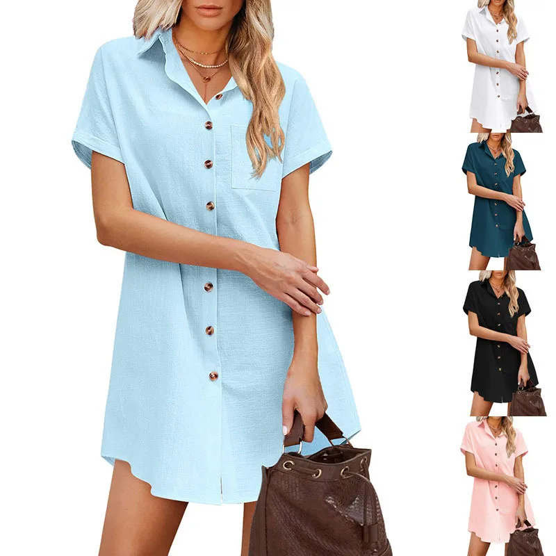 2022 Summer New Casual Style Long Solid Color Cardigan Collar Short Sleeve Linen Button Shirt Loose Comfortable Beach Blouse