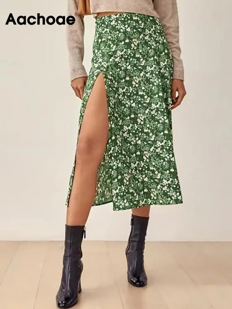 Юбка миди Женская трапециевидная с цветочным принтом разрезом завышенной талией