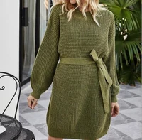 woman round neck mid length knitted sweater ladies 2021 new long sleeved pullover ladies winter knitted dress autumn and winter