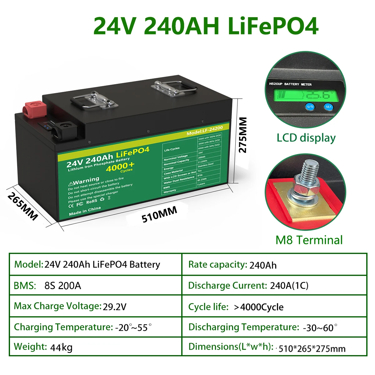 

Новый аккумулятор 24 в 6000 Ач LiFePO4 5 кВт 8S200A BMS циклов литий-железо-фосфат ip5 для солнечной системы RV Boat