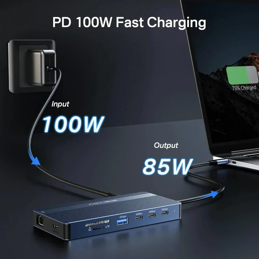 Док-станция Acasis 14 в 1 USB-C 3.1 Type-C к HDMI-концентратору 10 Гбитс 4K60 Гц PD100W 1000 Мбитс Ethernet 85 Вт Вход для концентратора ноутбука (art.: 3920ca0a79554) - 3920ca0a79554