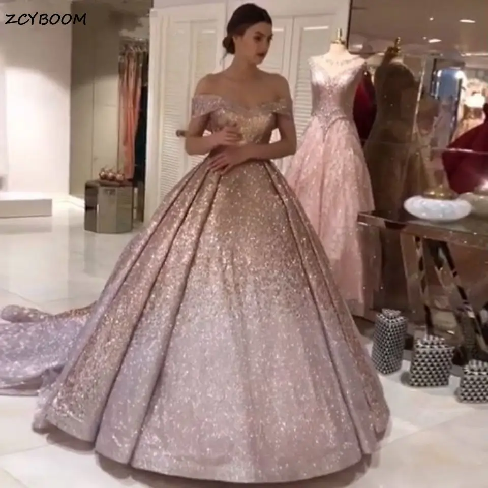 

2022 Elegant Sequins Pink Ball Gown Formal Evening Dresses Sparkle Robe De Soiree Off Shoulder Prom Gowns Long Shiny Maxi Dress
