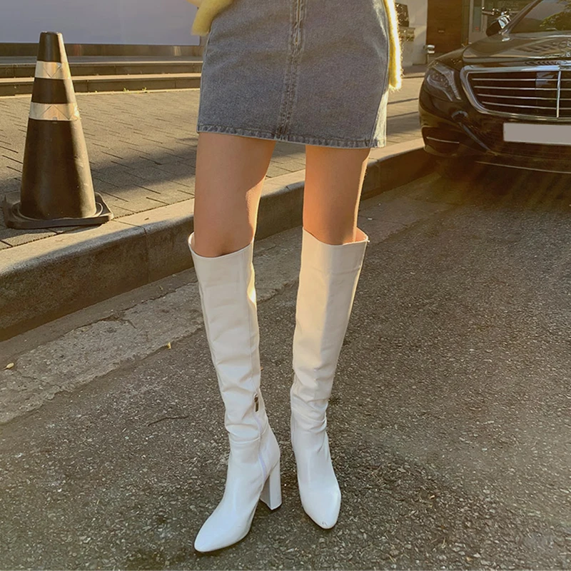 

UVRCOS Autumn Pointed Toe High Heel Shoes Black White Leather Riding Boots Chunky Heels Knee High Boots
