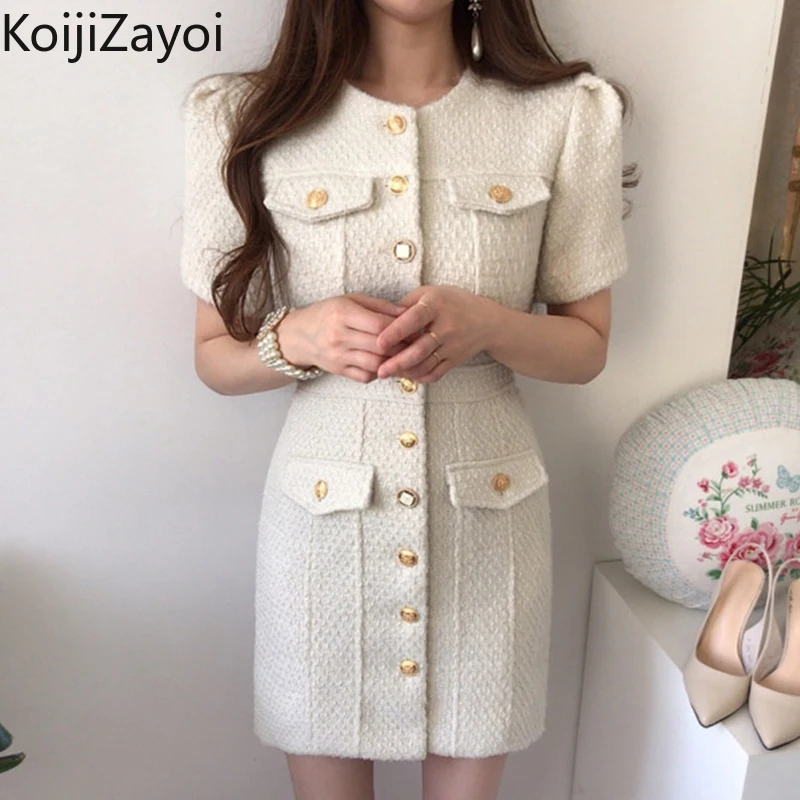 

Koijizayoi Elegant Women Solid Tweed Midi Dress Office Lady Short Sleeves Single Breasted Dresses Female Chic Korean Vestido New