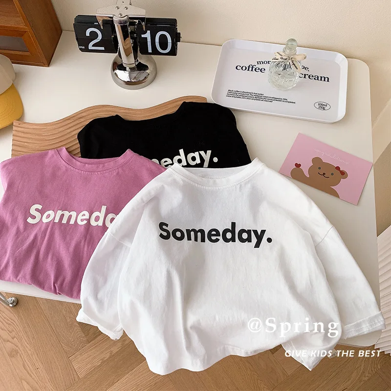 

Children Clothing 2023 Spring New Fashionable Girls Casual Loose Simple Letter T Shirt Top Cotton Letter Printed Kids Clothes