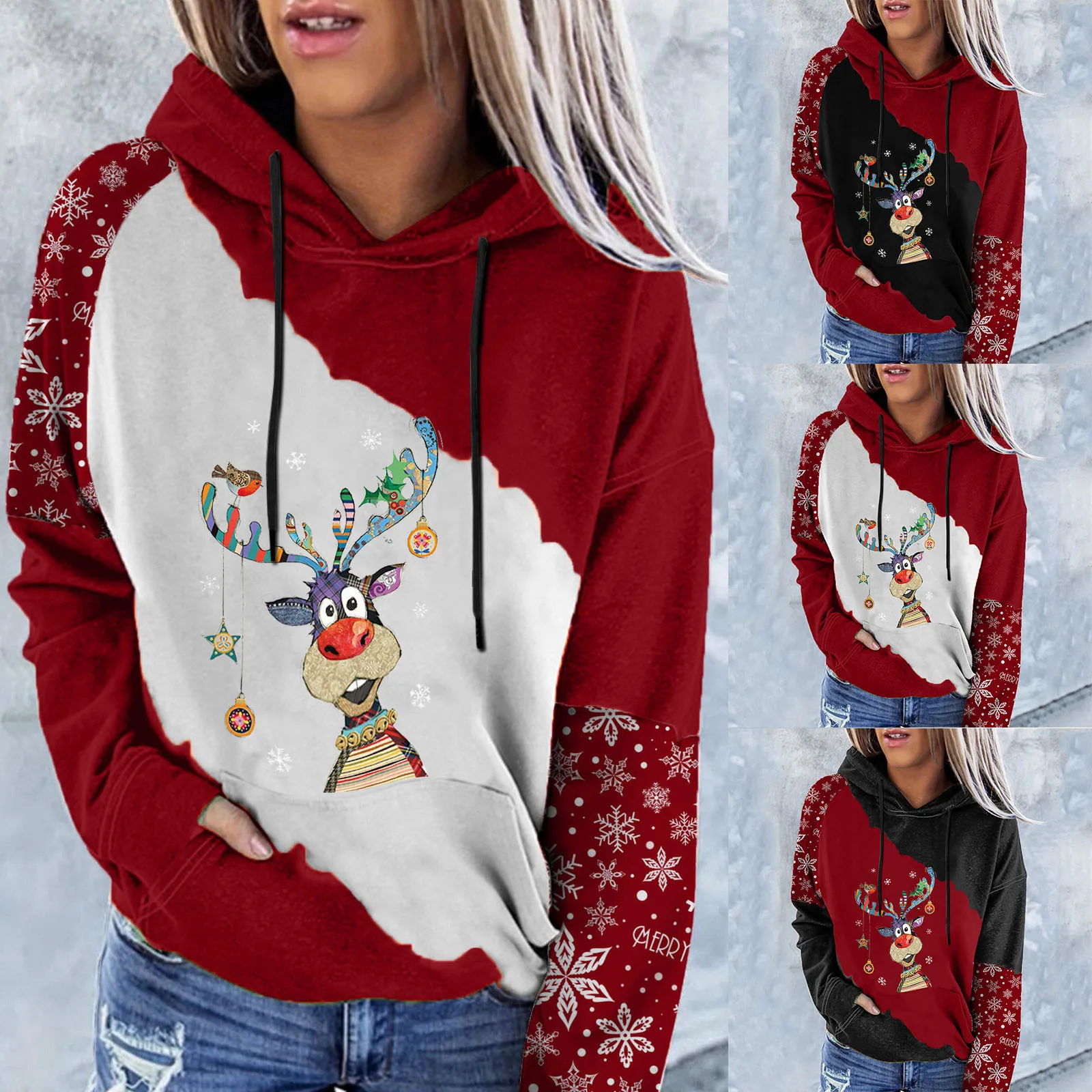 

Womens Christmas Snowflake Fawn Print Panel Long Sleeve Sweatshirt Hooded Button Sweatshirts