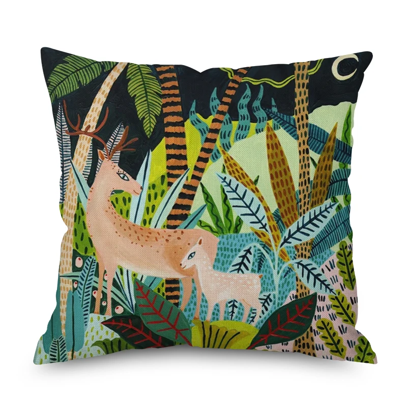 

Colorful Jungle Tiger Pillowcase Cushion Covers Leopard Green Leaves Rainforest Pattern Throw Pillows Living Room Decor