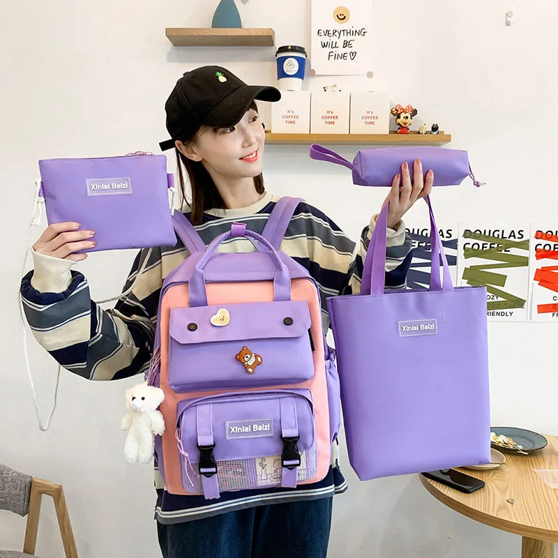 

Qyahlybz Schoolbag Female Korean Four-piece Set Primary School Junior High School Students Contrast Color Backpack Handbag