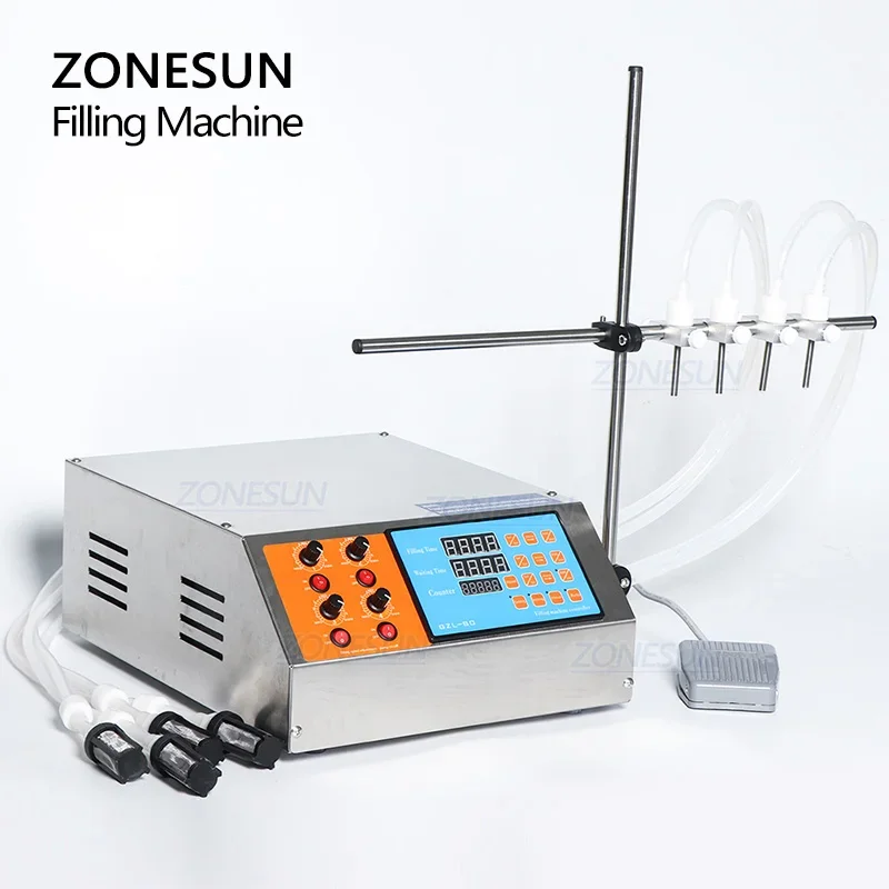 Фото ZONESUN ZS-YTDP4 Полуавтоматическая машина для розлива жидкостей с 4 головками, электрическим цифровым управлением и насосом для воды, соков, масла в бутылки и банки №5