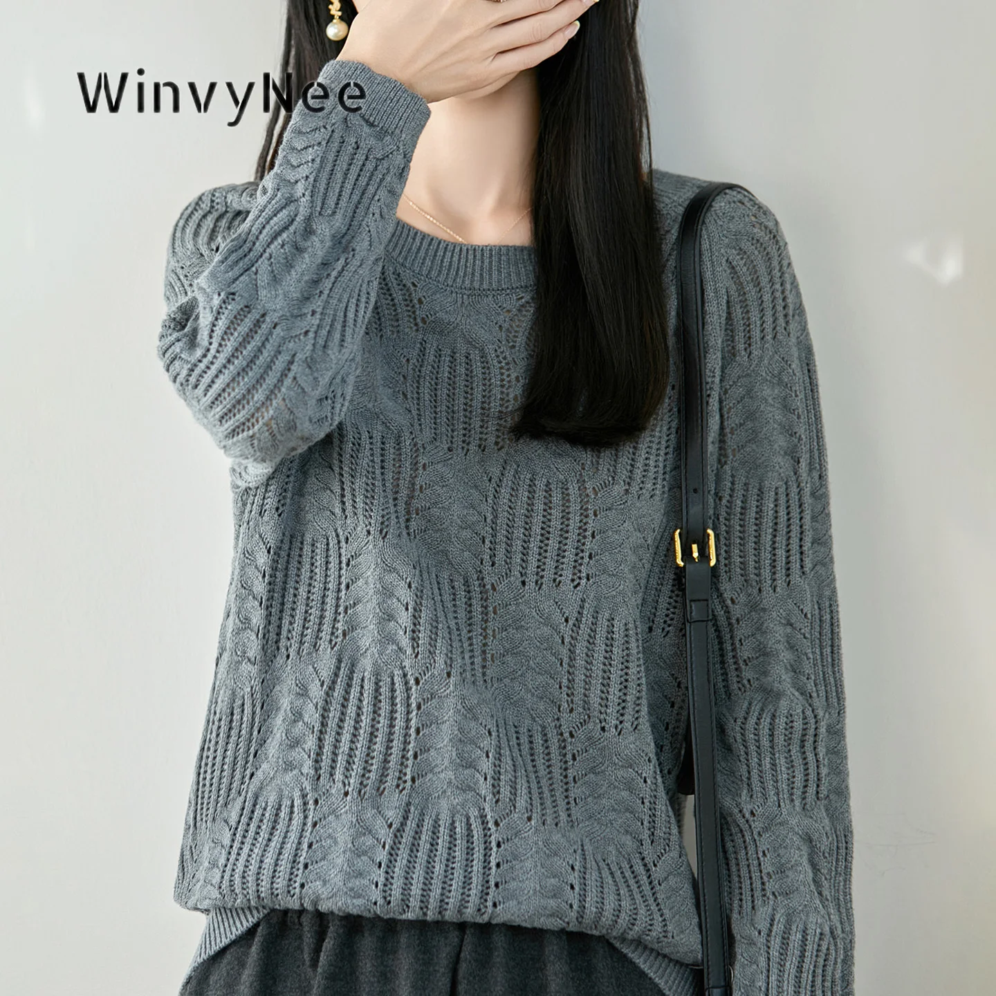 Фото Женский джемпер WinvyNee, 100% хлопок, круглый вырез, ажурная вязка, свободный крой, универсальный, мягкий, дышащий, стильный повседневный предмет одежды ZA1092032 №3