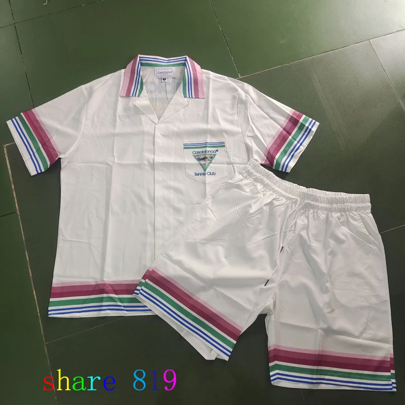 Colorful Stripe Mountain Stadium Print Casablanca Tennis Club Shorts Shirt Set Summer Men Women Hip Hop Hawaii Beach Suit