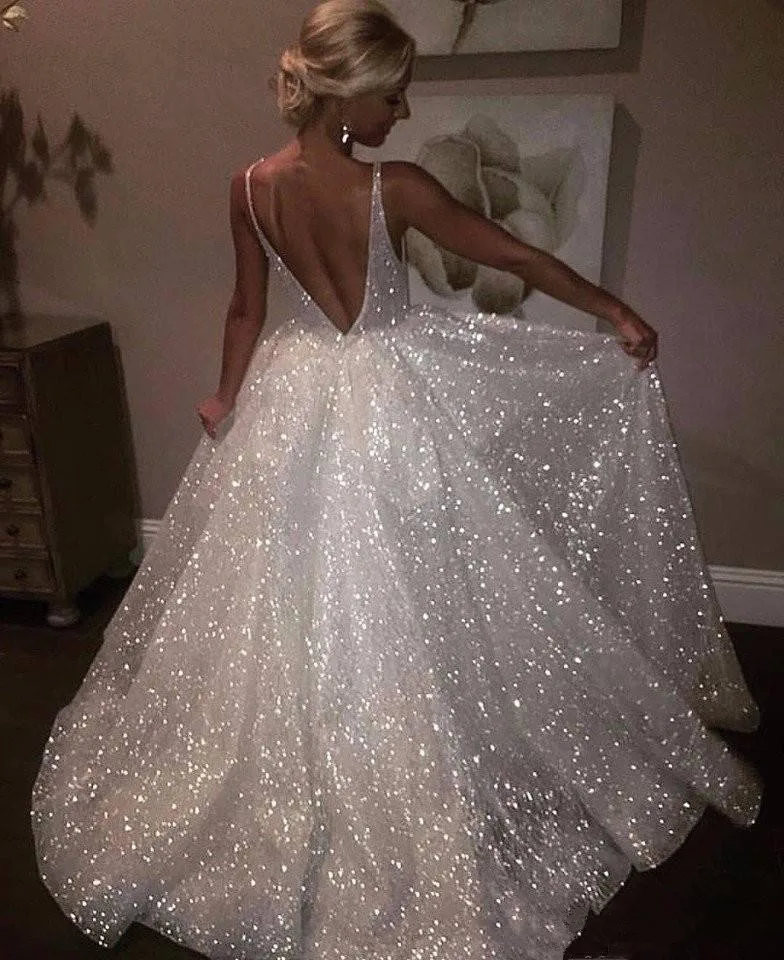 

White Sparkle Sequin Evening Dress V Neck Sexy Low Back Long Prom Dress Cheap Pageant Gowns Special Occasion Cocktail Party Gown