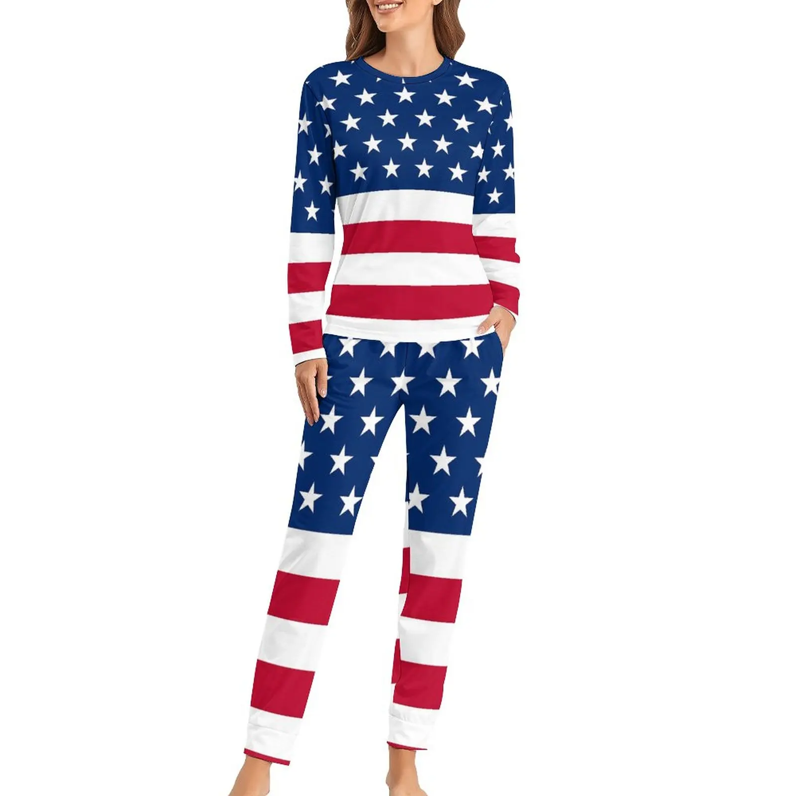 

Usa Flag Pajamas Stars And Stripes 2 Piece Casual Pajama Set Female Long Sleeve Trendy Oversized Sleepwear