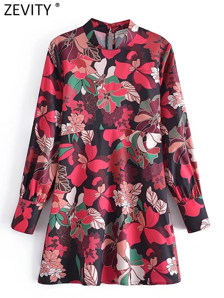 

ZEVITY Women Fashion Stand Collar Floral Print Satin Mini Dress Female Chic Back Zipper Party Vestidos Mujer DS9380